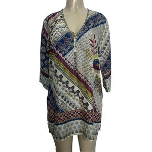 Johnny Was Blouse Tunic Top Silk Floral V Neck Button Patchwork 3/4 Sleeve S